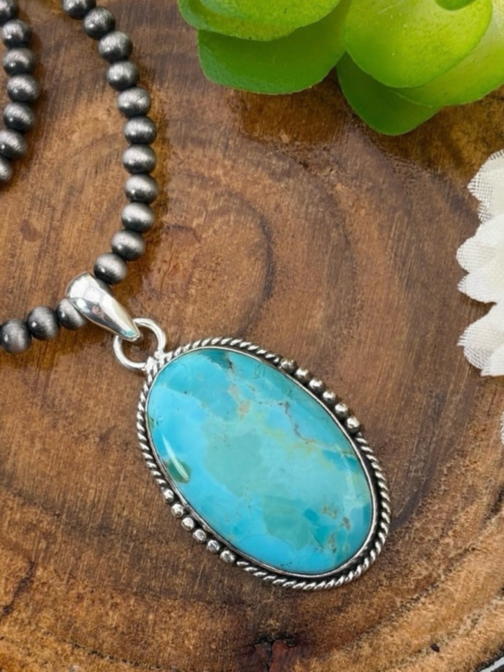 Southwest Turquoise Pendant w/ Navajo Pearl Style Necklace